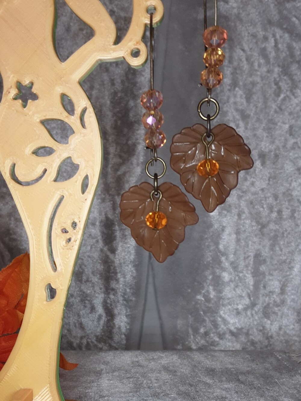 Handmade Autumn Fall Leaf And Crystal Earrings